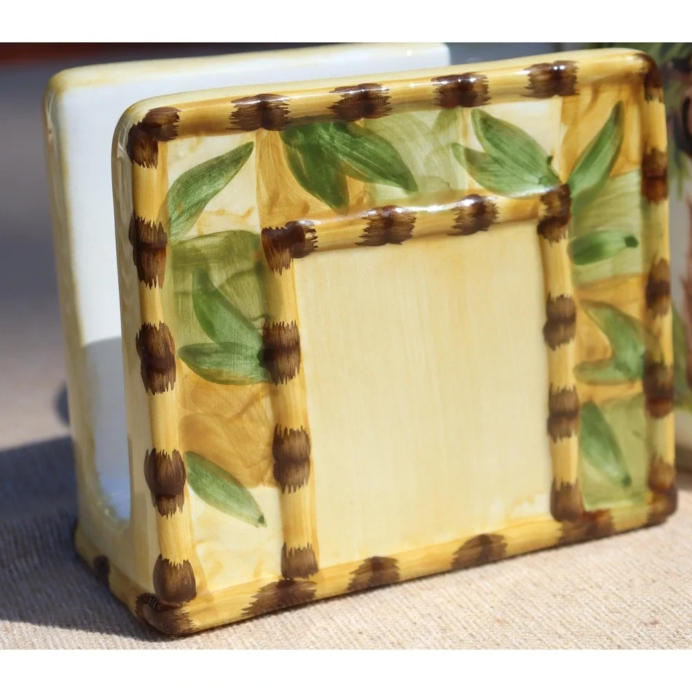 Vintage Bamboo Themed Tableware Metal Serving Tray and Ceramic Napkin Holder